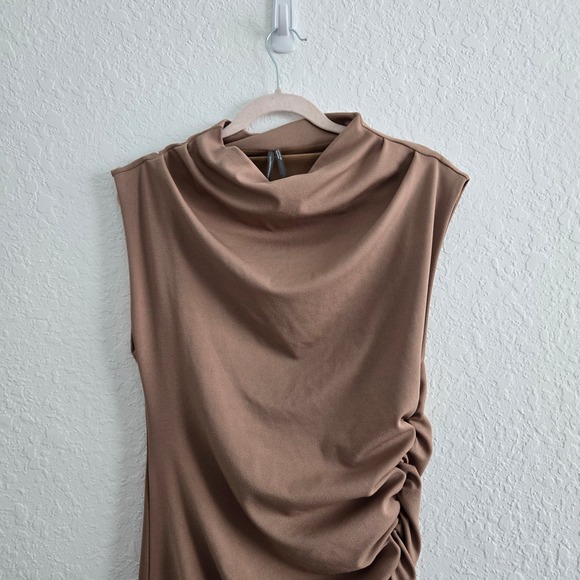 Anthropologie Maya Ruched Cowl-Neck Dress Midi Sheath Cedar Taupe Bodycon Dress - Picture 5 of 14